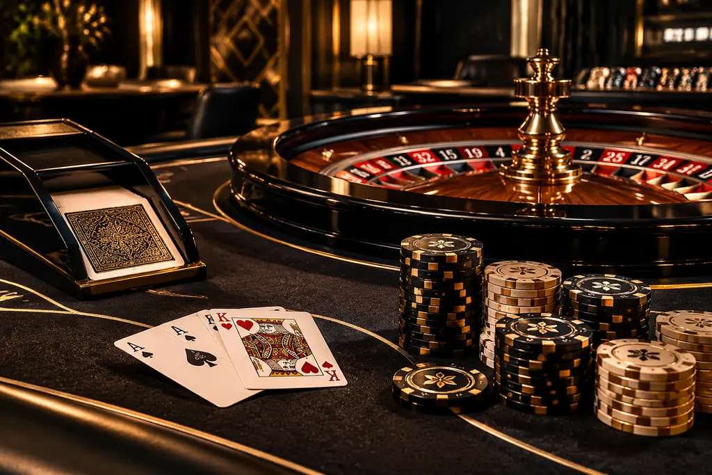 Meja permainan kasino dengan kartu dan roda roulette di latar