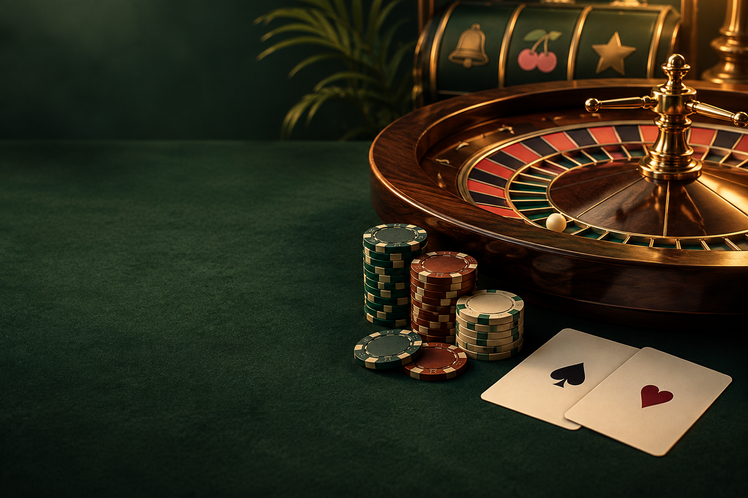Ilustrasi meja roulette, keping, dan kartu dalam suasana kasino berwarna tembaga