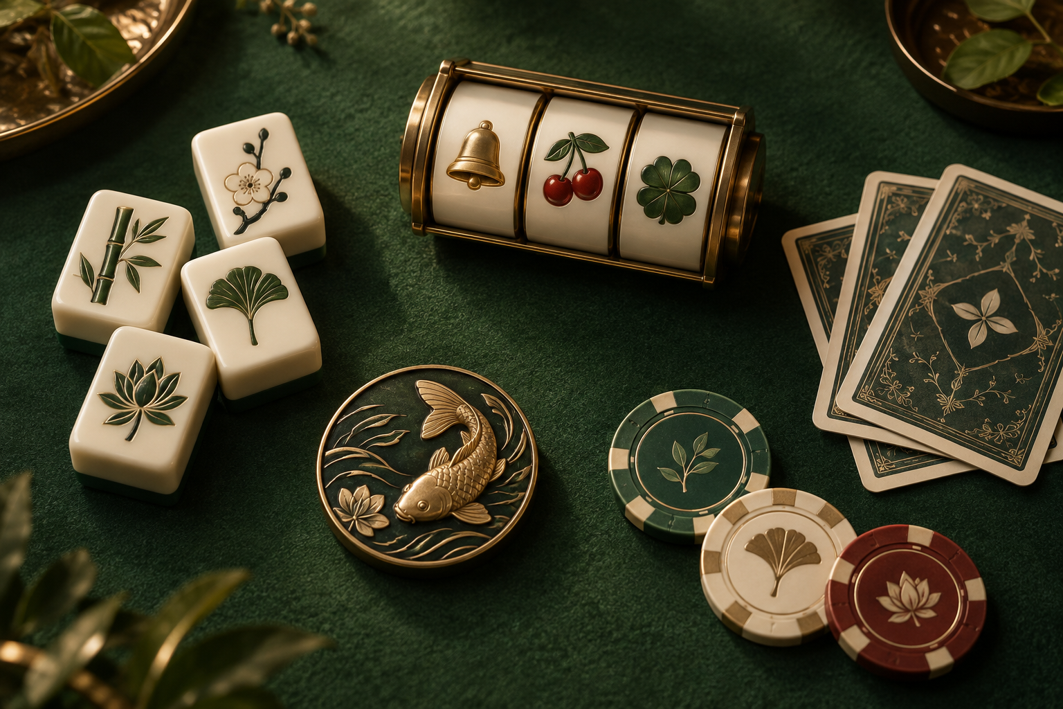 Ilustrasi ubin mahjong, gulungan slot, kartu, dan keping di meja kasino