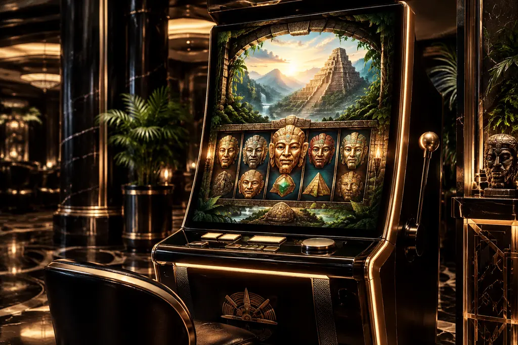 Mesin slot bertema kuil batu dan hutan dalam ruang kasino